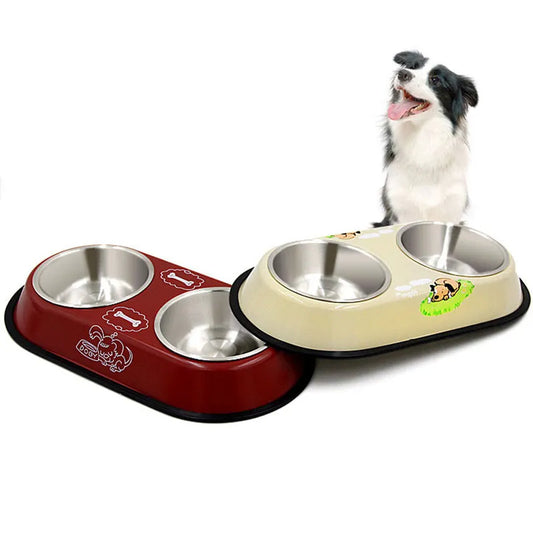 Pet Dog Bowl Food Water Dish Stainless Steel Pets Feeder Double Bowls Non Slip Feeding Tray Pet Supplies For Cat Puppy Dogs Bowl